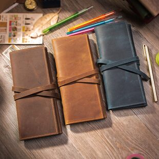 复古牛皮笔袋三折笔夹卷帘文具袋手工多功能真皮笔袋疯马皮质笔套