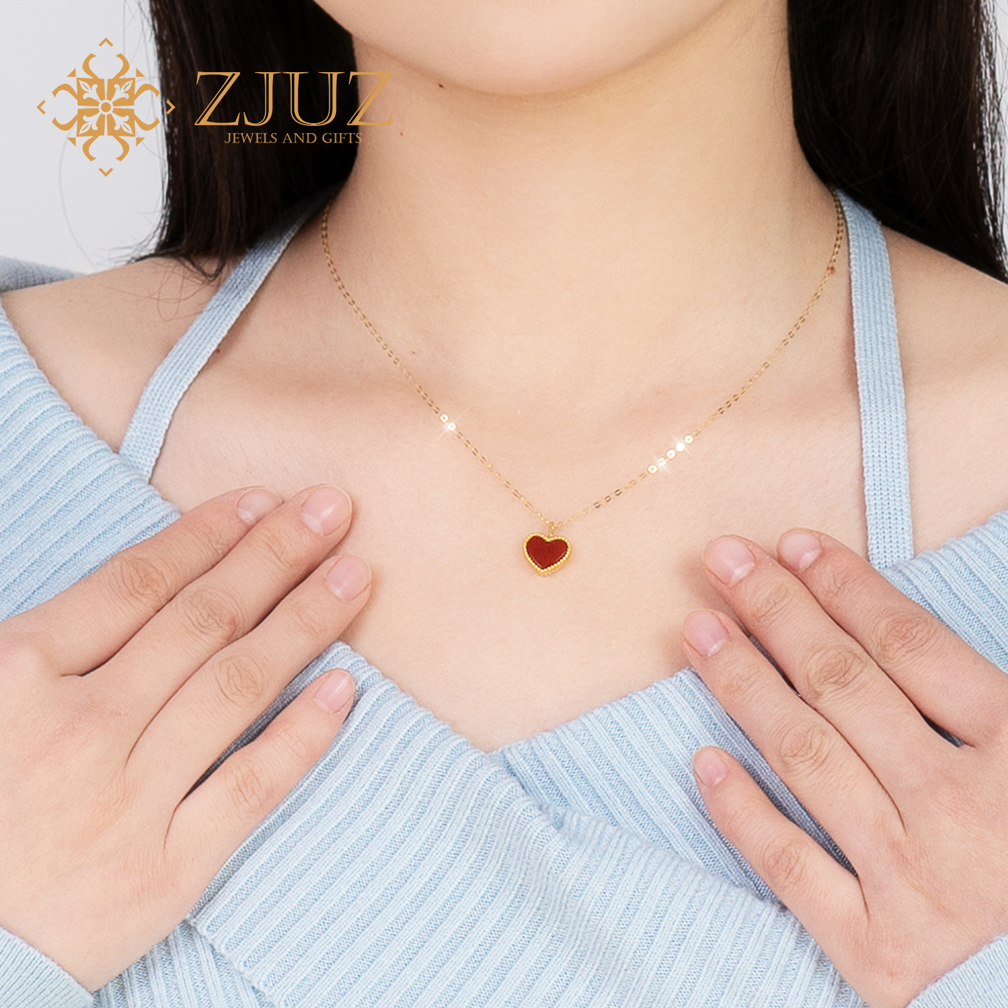 ZJUZ18K金爱心au750玫瑰金彩金爱心套链小红心玛瑙K金吊坠送女友