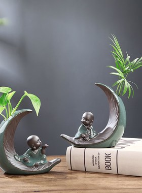创意水培摆件禅意小和尚绿萝水培C花瓶陶瓷办公室客厅装饰插花摆