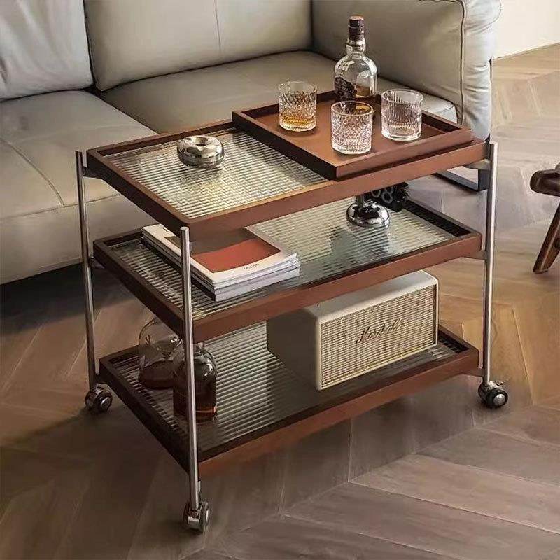 中古风木三层推可移三层推车动滑轮茶几边几车家实厅用客沙发侧柜
