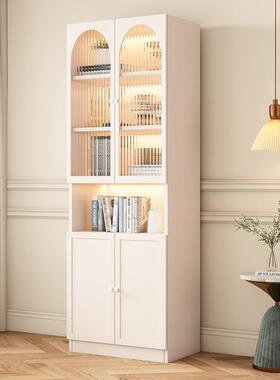 约简现代实木书落XIJ地家用带风玻璃门奶油置物柜一体整墙到顶柜