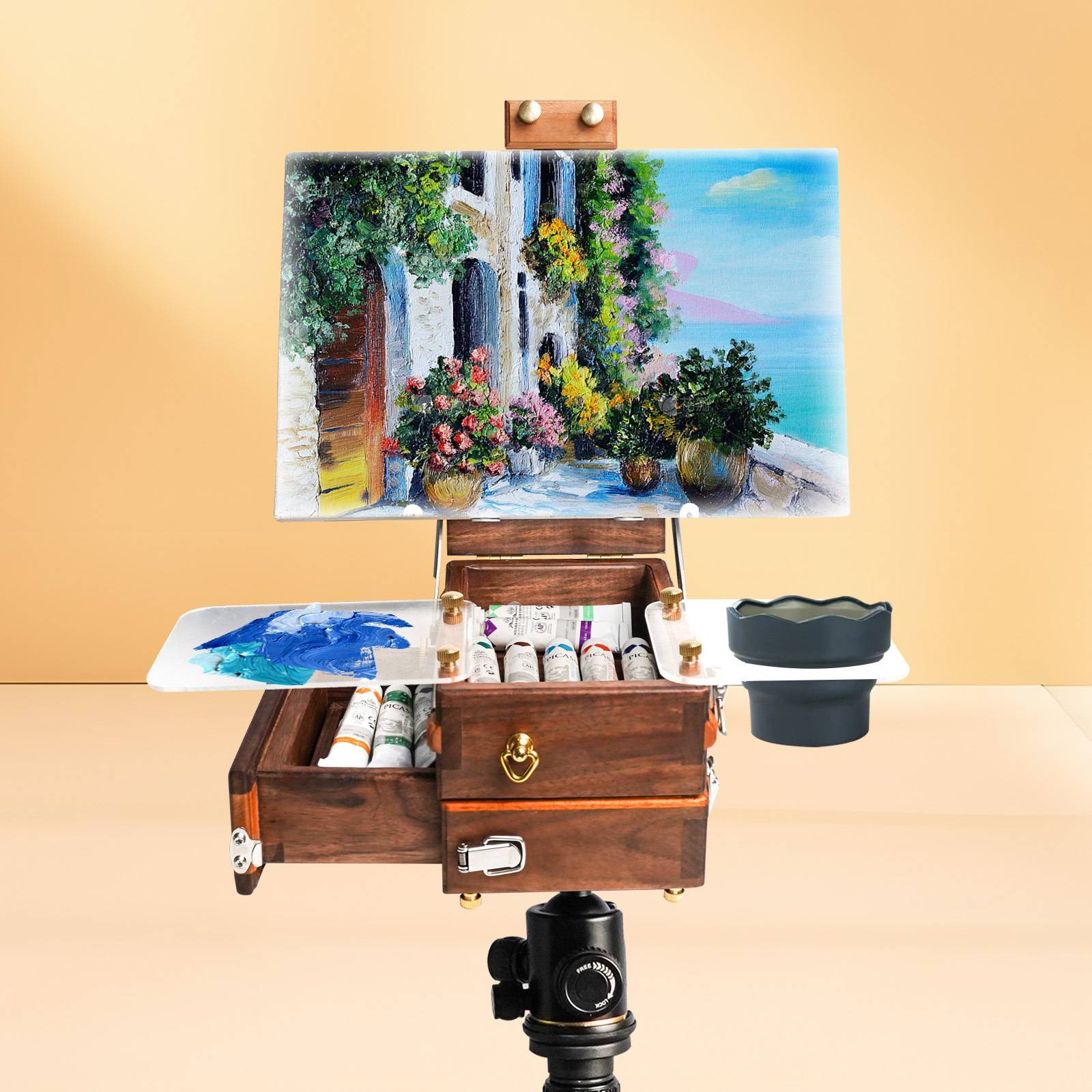 绘岳多功能水彩画箱美术写生便携式伸缩三脚架可折叠可拆卸画箱
