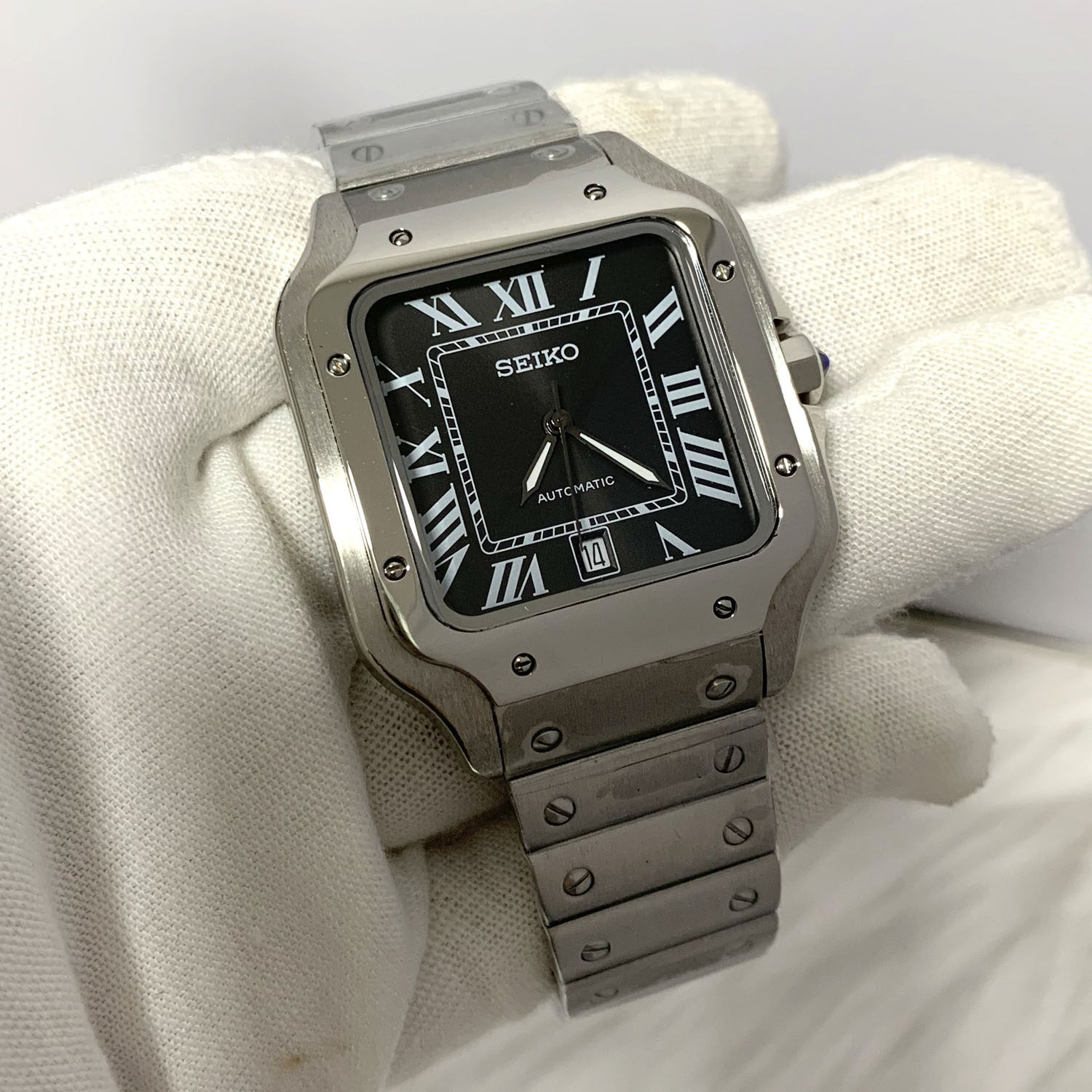 thumbnail for Fashionable vintage small square watch 38mm unisex steel band watch with black dial Roman numerals 2813 movement mechanical watch
