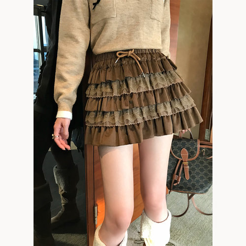 棕色蛋糕短裙2025新款冬季百搭蓬蓬裙甜美风系带半身裙花边A字裙