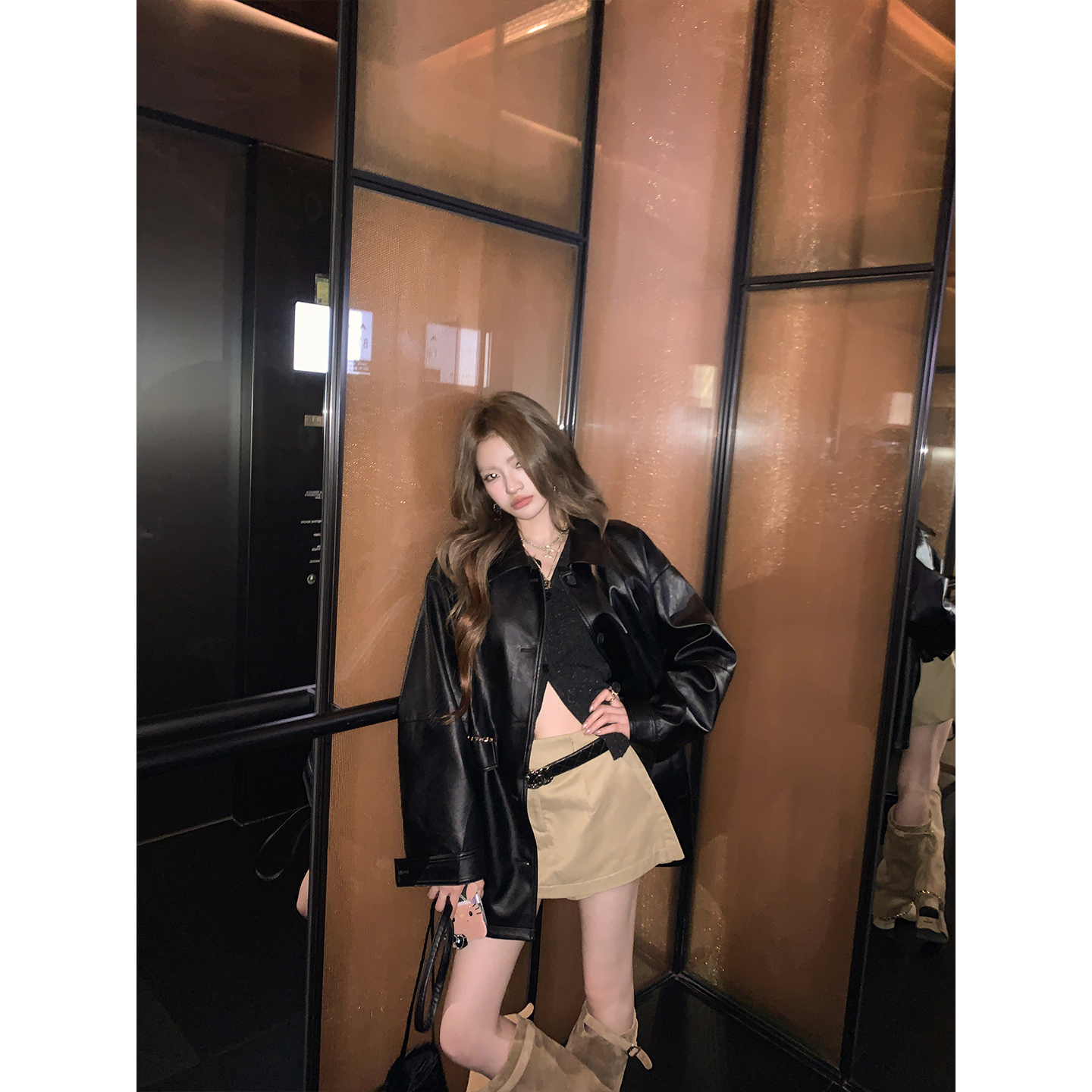 胯包链条皮衣2025年秋季新款设计感气质高级PU皮长袖polo领外套