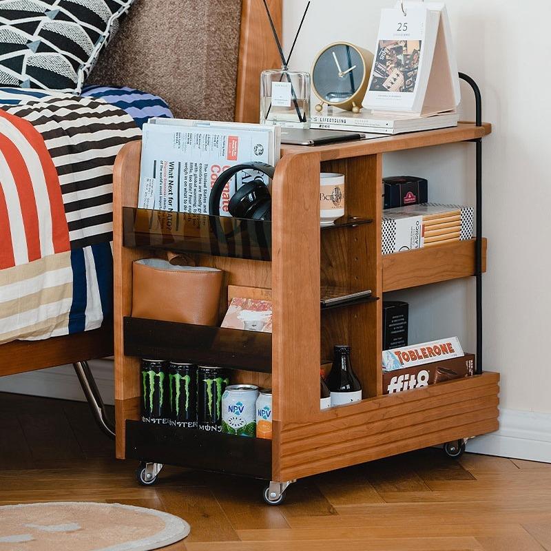 喔喔小推车樱桃木现代置物架卧室床头柜沙发小边几可移动零食车子