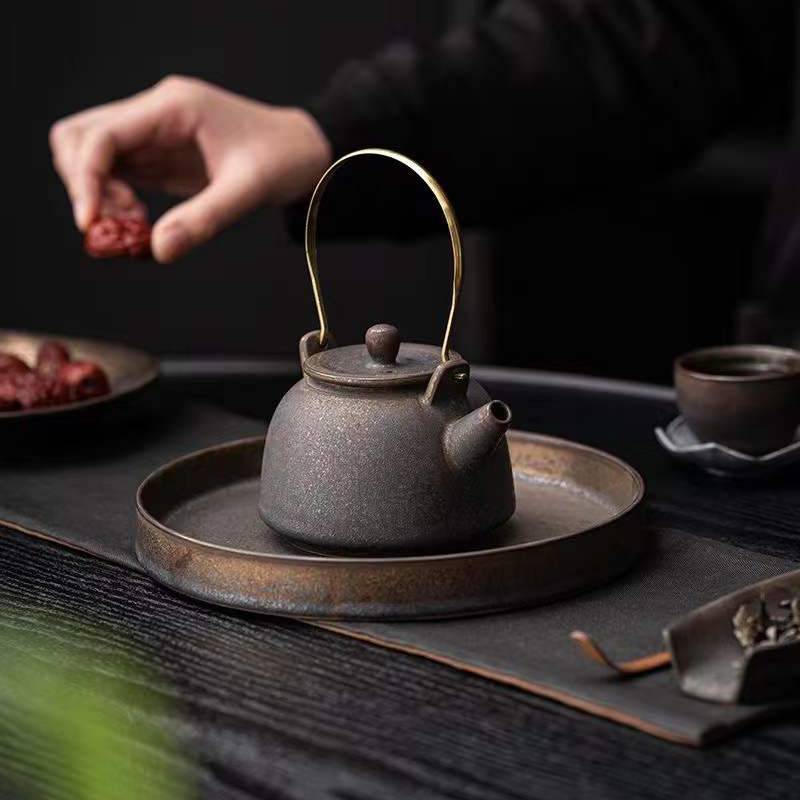 围炉煮茶粗陶铁锈提梁壶陶瓷温茶炉保温耐热暖茶器蜡烛加热煮茶器