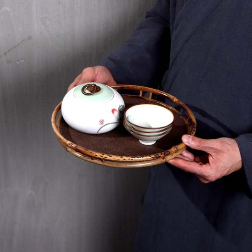 手工紫竹竹编席面托盘茶盘茶圆纳形茶具收干泡奉盘茶席台cp0987茶