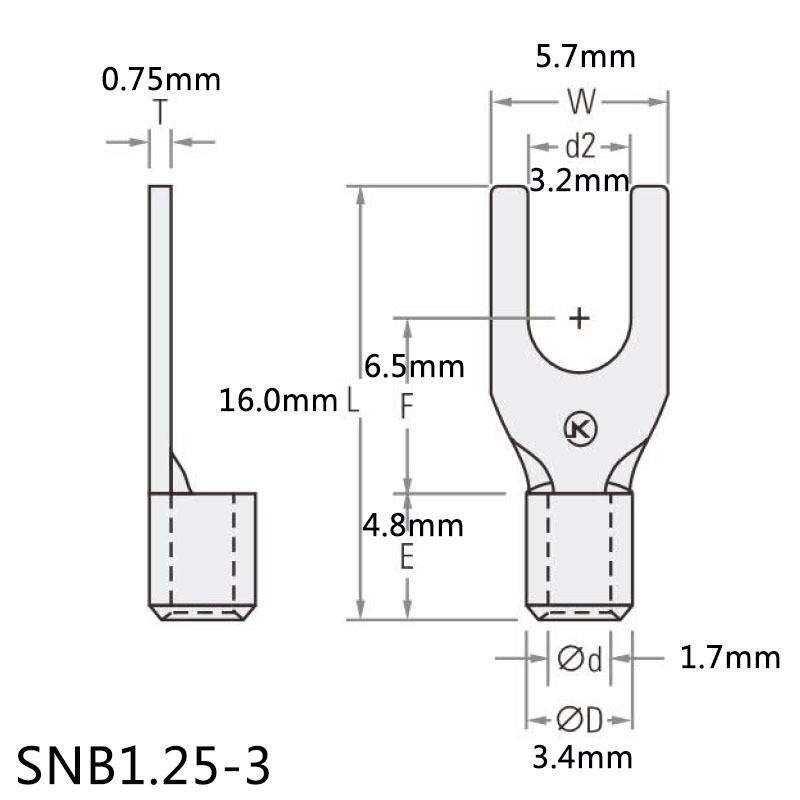SNB1.25-3紫铜叉形端子接头 UT铜鼻子电线冷压端子M3开口线鼻铜端