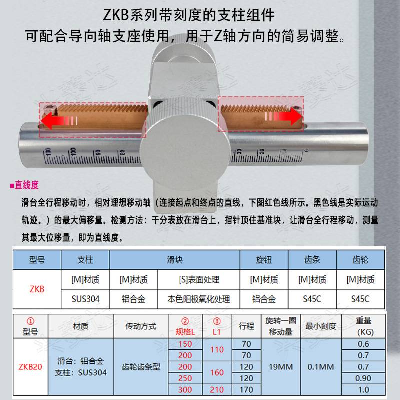 ZKB20-300-210 简易调整组件HHT81-D20齿条齿轮带刻度Z轴升降滑台
