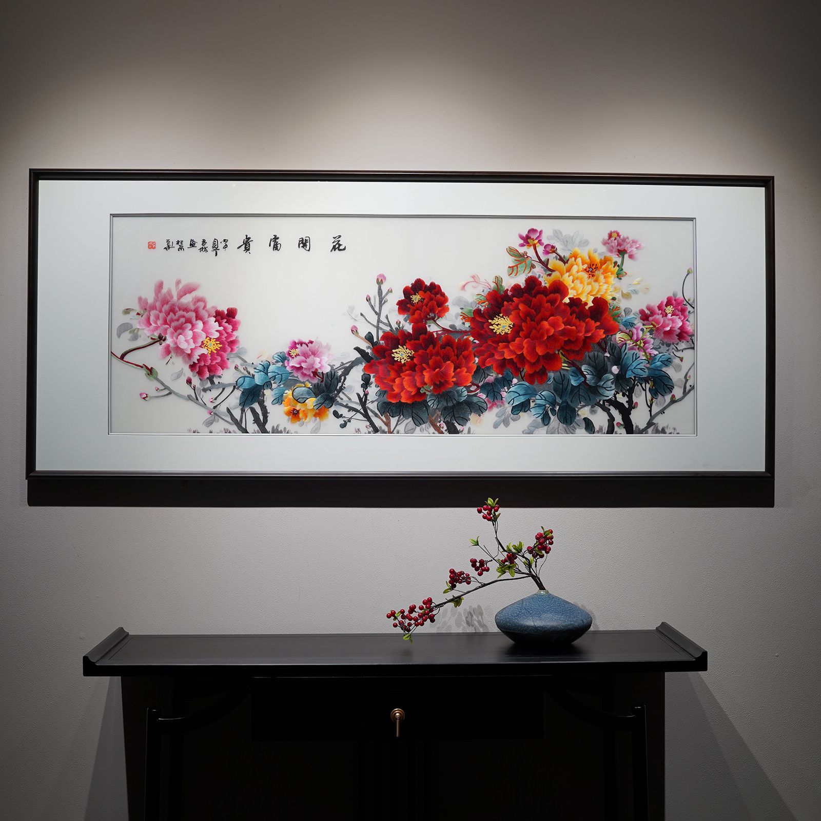 新中式纯手工简约刺绣牡丹横板苏绣精品客厅挂画高档成品背景墙画