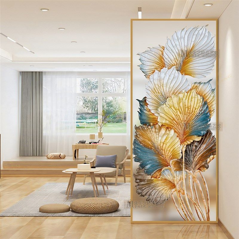 银杏叶手绘珐琅彩艺术玻璃屏风隔断客厅K别墅入户门轻奢玄关透光