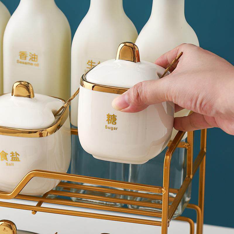 轻厨房调料盒调味收置奶白调味物全套家品用陶瓷调味罐子油纳盐奢