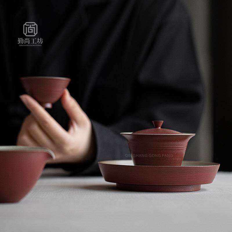 诧寂风手工粉引山楂红壶承盖碗底托家用粗陶茶道配件点心盘果盘