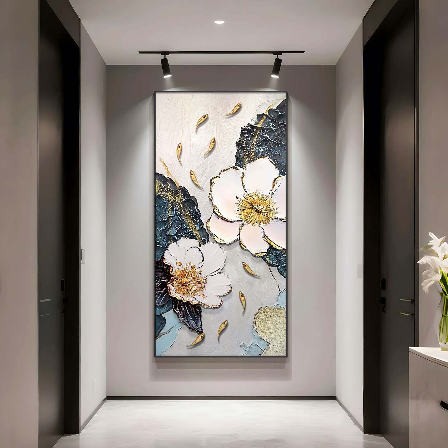 ?九鱼图玄关装饰画大芬村荷花手绘油画现代轻奢感走廊过道挂