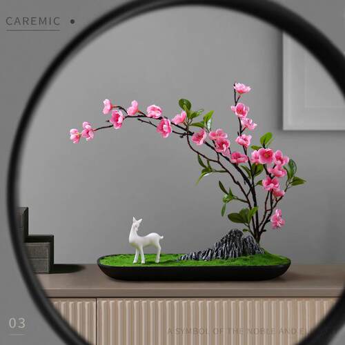 意仿真梅花植物盆栽客柜厅电视桌面仿真20189创花假山陶瓷小鹿装