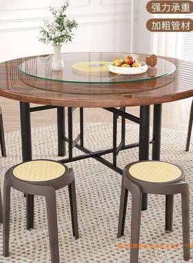 实EAD折叠餐桌1转0人15人家用木饭店圆桌带大盘食堂餐馆圆桌面板