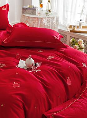 约新庆四件套婚纯棉简大红色1长00S绒dd2棉刺绣结婚全棉床上用品