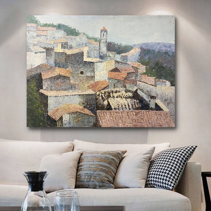 现代简约手绘风景油画手绘油画大芬油画村美丽村庄客卧室装饰画