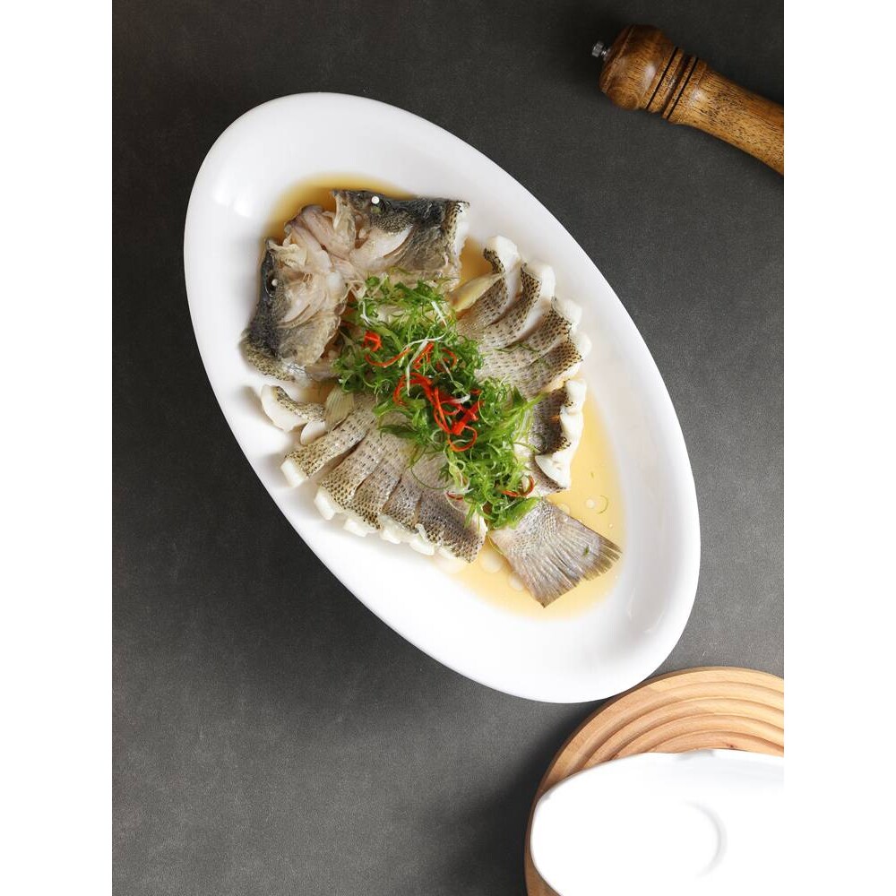 鱼盘加热保温家用蒸鱼碟子椭圆盘装菜盘酒店陶瓷明炉餐具商用纯白