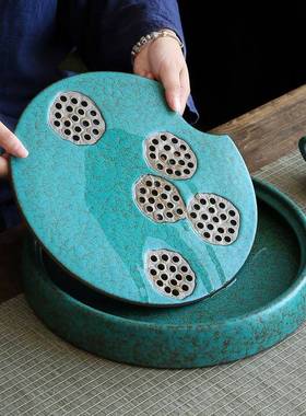 春澜陶复瓷茶盘 日式窑变古小泡号台松石绿蓄CLCP2021水储水式干