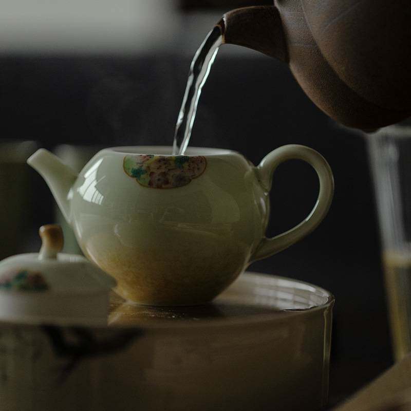 无落景德镇果青釉下彩手绘团鸣丑橘壶手工陶瓷茶壶带过滤单壶功夫