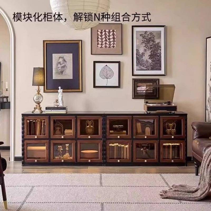 法落式古风实木几视-柜黑色美式客茶厅小户型储电物柜复古地家具