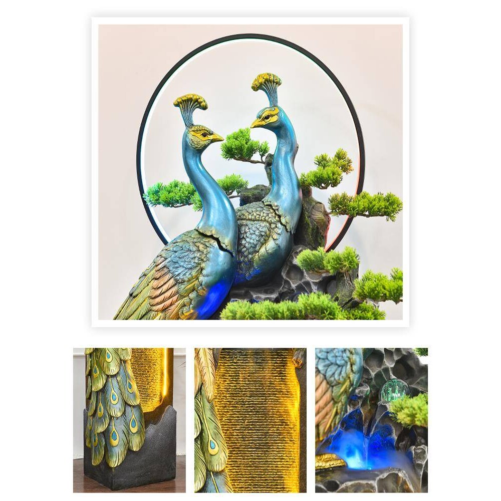 孔雀中式屏风电视柜造景假山水景循环流水生财水幕墙客厅装饰摆件