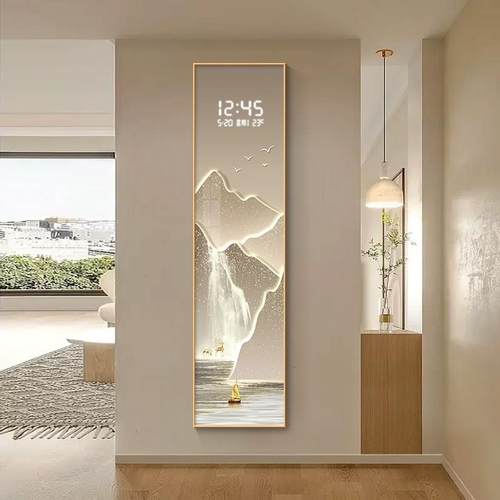 新中长式玄关装饰画九鱼图电子时钟墙细挂新条钟表XY860880挂钟客
