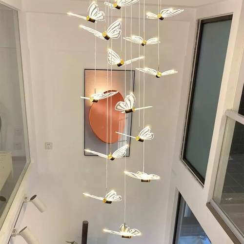 复吊式楼旋转楼梯长吊灯厅中空别墅约后现代酒客店蝴蝶水晶330简