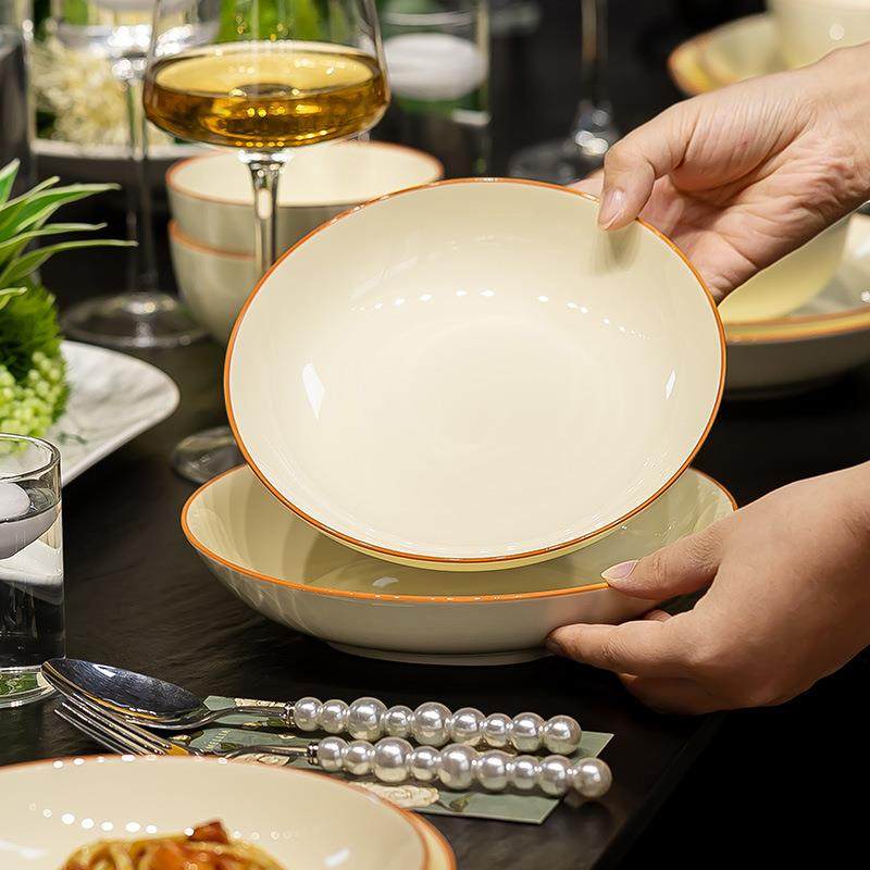 下简约法式奶风碗碟套装高米颜值家用油陶奶油咖卡瓷餐具釉彩饭碗