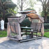 户外4人位双顶动摇椅庭院花园别墅露台秋千摇椅PC阳光板摇椅商用