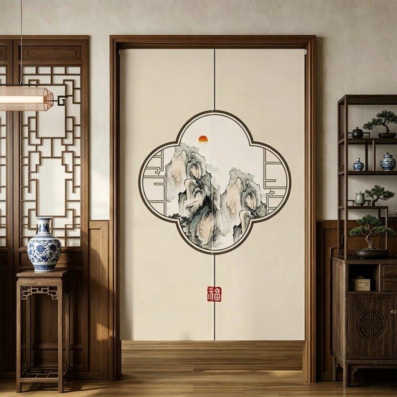 中式门帘中古风厨房遮挡帘高级感卧室防隐私半帘隔断帘卫生间帘子图片