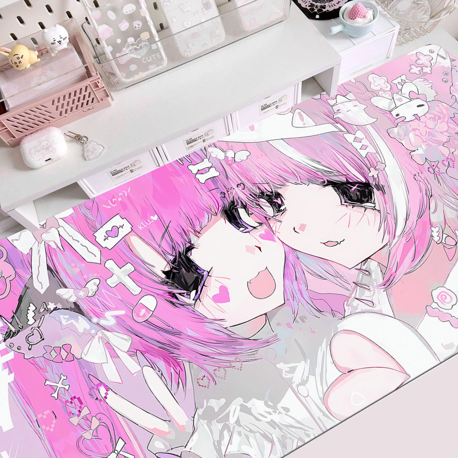 ins风粉色美少女超大号滑鼠垫二次元可爱电竞游戏办公电脑键盘垫