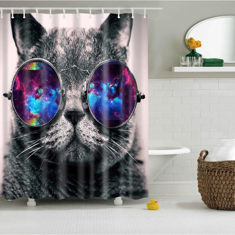 卡通眼镜猫咪浴帘防霉防水布创意简约卫生间隔断帘宠物小猫洗澡帘