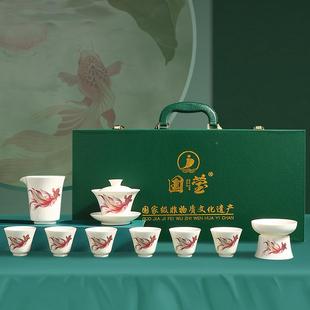 装 夫茶具家用盖碗套办公室茶器商泡务LOG93642 羊脂玉瓷茶具套功装