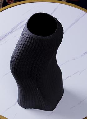 素烧黑北FVA玄欧简约创意褶皱花瓶水养色插花花陶瓷器客厅关餐桌