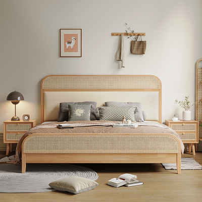 实木床现代简约1.8米藤编床主卧复古床双I人主卧2米x2米大床原木
