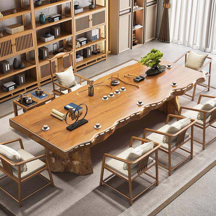新中式木茶OOG桌全套原木3米整板泡茶椅组实合公室会客桌大办板茶,商业/办公家具,茶台/茶桌,淘宝优惠券,粉丝福利购,淘宝优惠卷