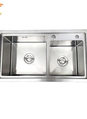 台上圆角跌级子盆304不钢手工拉厂丝锈水槽洗母菜盆双槽43009家直