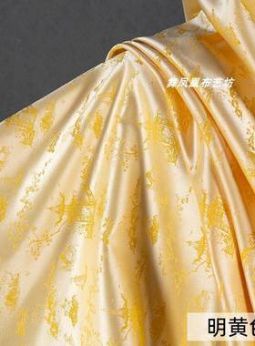 山水亭-黄色山提水画亭台服小船织锦缎花顺面料光泽垂抗皱中式装
