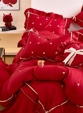 刺绣小爱心婚Y19庆四件套全10棉0支长红色花边绒结棉婚被套床单床