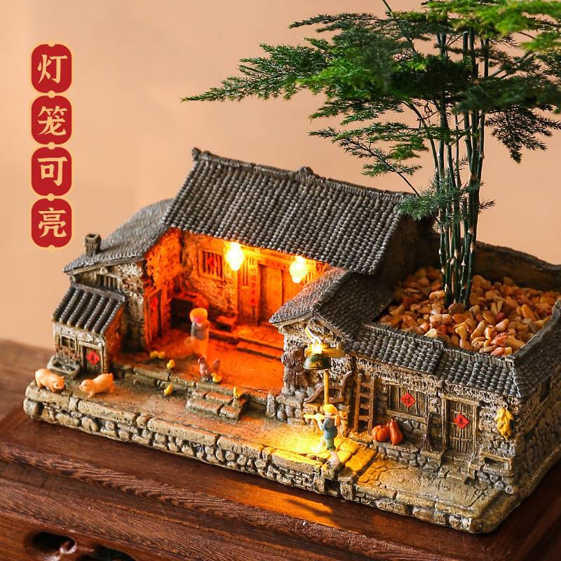 创意花盆复古建筑模型阳台庭院茶桌茶室家居装饰水景微景