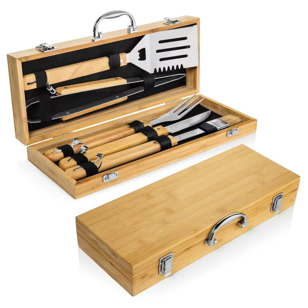 现货厂家不锈钢烧烤工具套装户外BBQ木柄叉铲夹组合烧烤具全套装