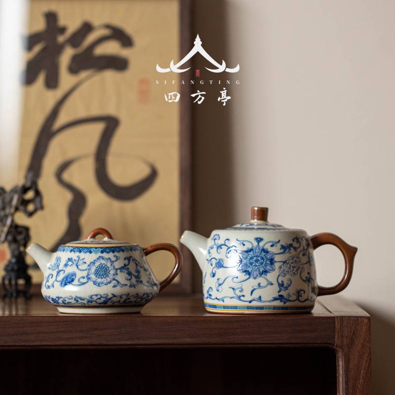 汝窑茶壶青花瓷单壶高档茶具汝瓷井栏壶陶瓷大号泡茶壶冰裂釉新款