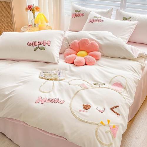 A类柔软卡通水洗棉四件套加被套刺笠绣宿舍三件套床上厚用超eRcfh