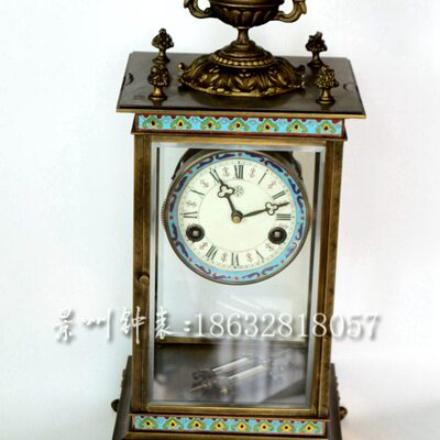 座钟 古典机械 四明钟 整点半点报时 台钟纯铜 仿古做旧景泰蓝钟