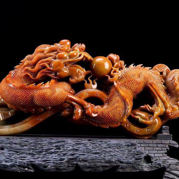 福建寿山石龙戏珠摆件家居客厅装饰摆设创意手作雕刻原石工艺品