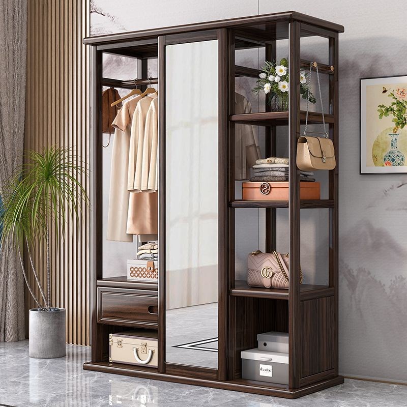 新中式实木落地衣帽架穿衣v镜一体家用轻奢乌金木可旋转卧室挂衣