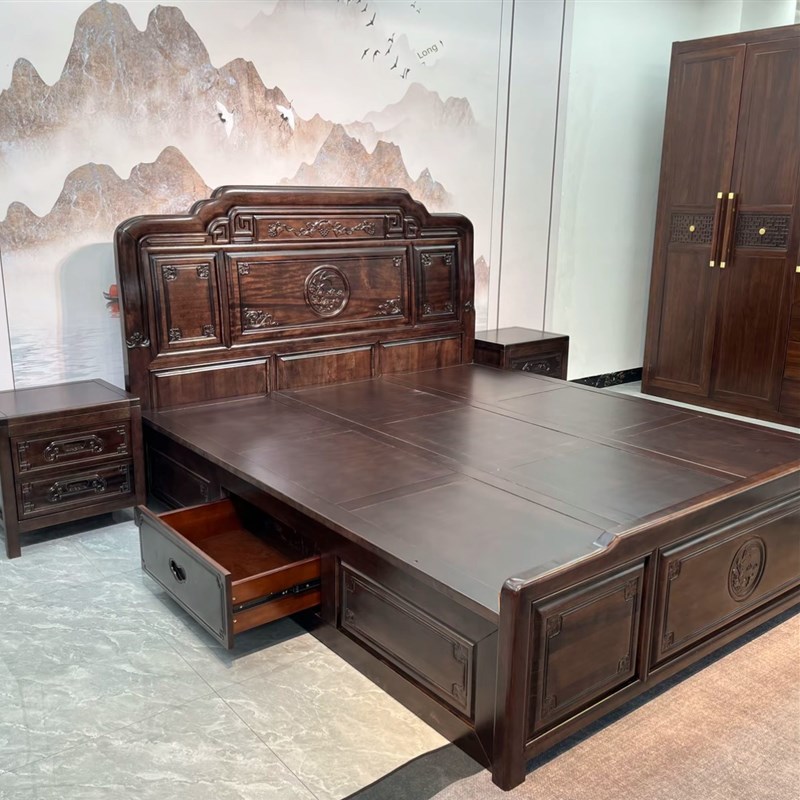 2米宽玫瑰木全开式气压实木床双人主卧室2H米X 2.2米储物抽屉婚礼